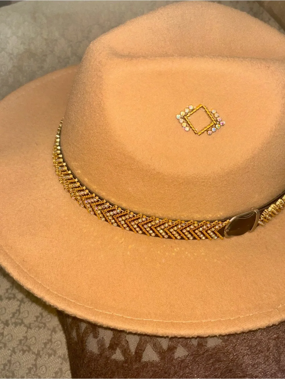 Beige Wide-Brim Fedora Hat with Gold Beaded Band